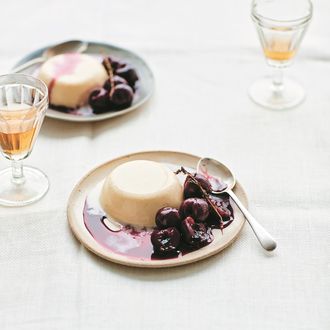 Panna cotta and cherries poached in pastis