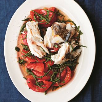 Roast hake, samphire and tomato salad